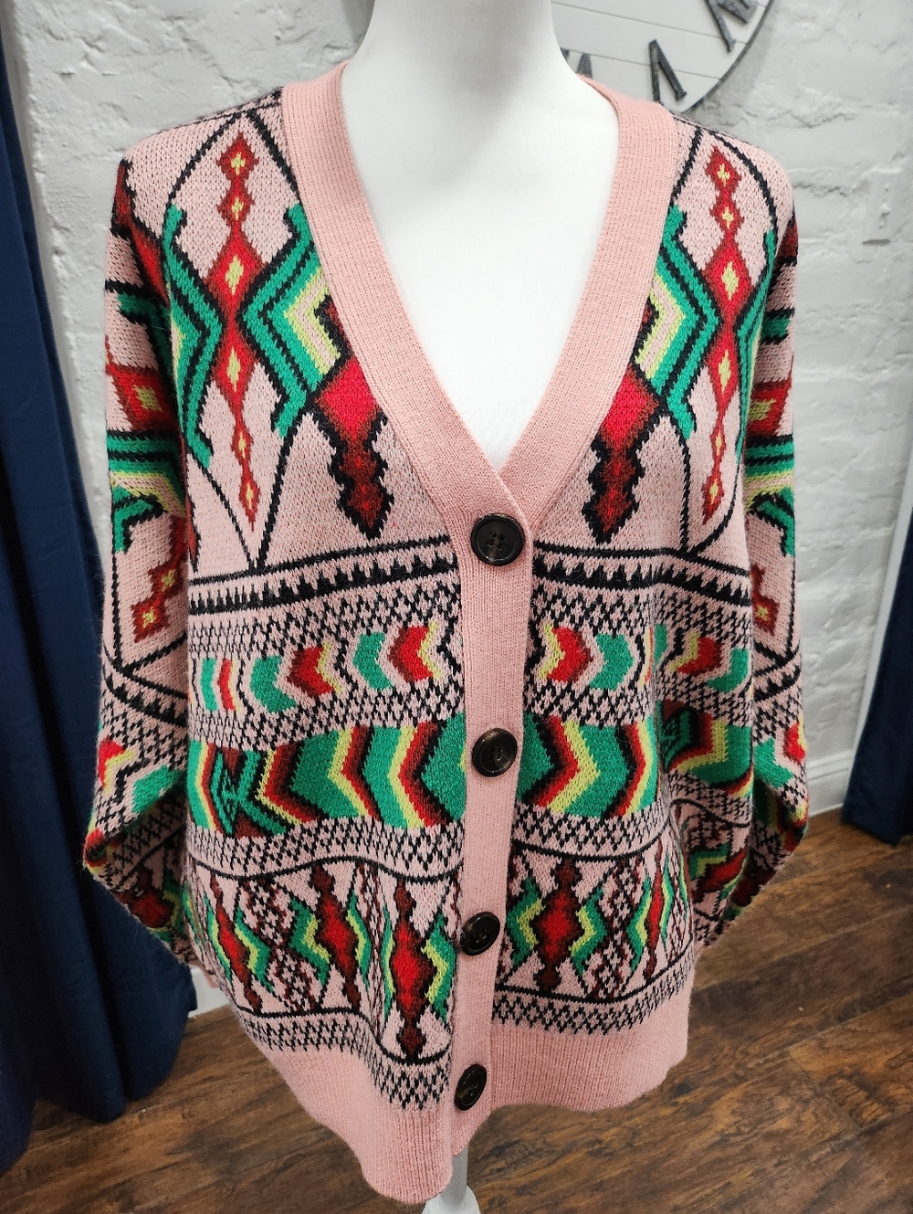 FARM Rio amulet Sweater Cardigan Pink Green Aztec Design Size MED